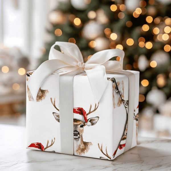 Woodland Animal Gift Wrap, Watercolor Reindeer Wrapping Paper, Santa Hat Reindeer Wrapping Paper, Rustic Christmas Holiday Wr