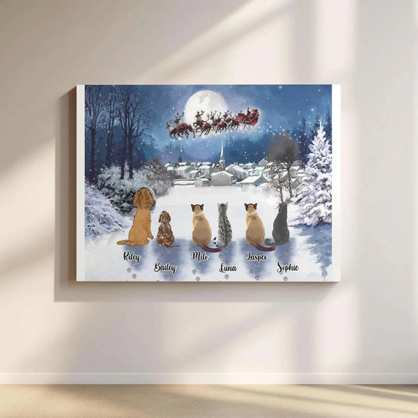 Custom Dog and Cat Portrait Canvas Print, Personalized Pet Christmas Canvas Art, Holiday Pet Wall Art, Winter Decor, Pet Love