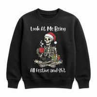 Festive Cat Lover Skeleton Sweater, Humorous Christmas Skeleton Sweatshirt, Spooky Xmas Skeleton Crewneck, Retro Winter Holiday Sweatshirt