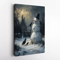 Moody Cottage and Crows Wall Art, Dark Winter Snowman Canvas Print, Gothic Christmas Canvas, Winter Landscape Decor, Holiday Canvas Art