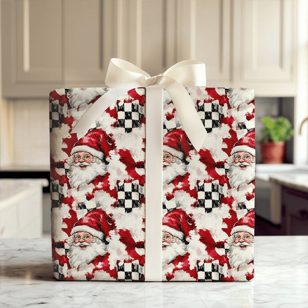Checkered Flag Racing Gift Wrap, Racing Santa Wrapping Paper, Motorsport Santa Christmas Wrapping Paper, Auto Racing Holiday 