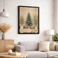 Children in Snowy Forest Canvas, Vintage Christmas Tree Canvas Print, Winter Wonderland Wall Art, Retro Holiday Wall Decor, Xmas Canvas Art
