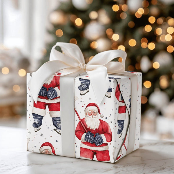 Watercolor Ice Hockey Christmas Gift Wrap, Hockey Santa Wrapping Paper, Festive Santa Gift Wrapping Paper, Holiday Wrap for H