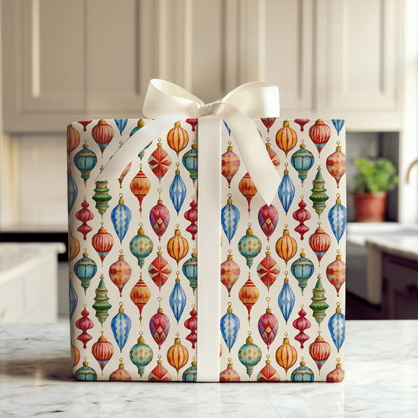 Watercolor Ornament Gift Wrap, Vintage Christmas Ornaments Wrapping Paper, Retro Holiday Wrapping Paper, Festive Christmas Gi