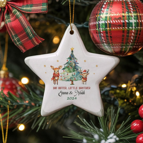 Sibling Ceramic Star Ornament, Big Sister Little Brother Deer Star Ornament, Adorable Deer Christmas Ornament, Sister and Bro