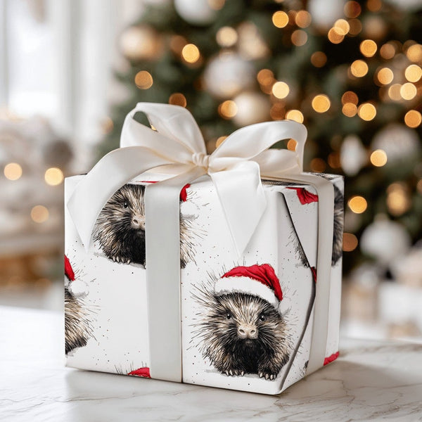 Adorable Animal Holiday Gift Wrap, Santa Hat Hedgehog Wrapping Paper, Watercolor Christmas Wrapping Paper, Festive Winter Wra