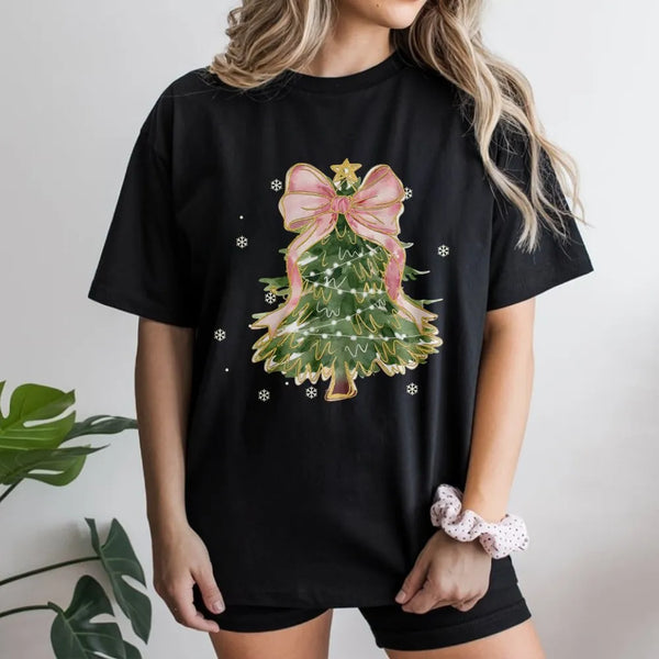 Watercolor Bow Holiday T-Shirt, Coquette Christmas Tree Shirt, Coquette Xmas Graphic Tee, Trendy Christmas Tee, Winter Holida