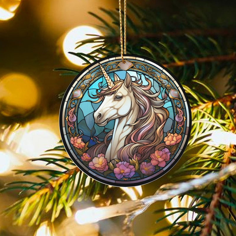 Floral Fantasy Ceramic Ornament, Stained Glass Unicorn Christmas Ornament, Magical Tree Ornament, Adorable Holiday Keepsake, Present for Girls