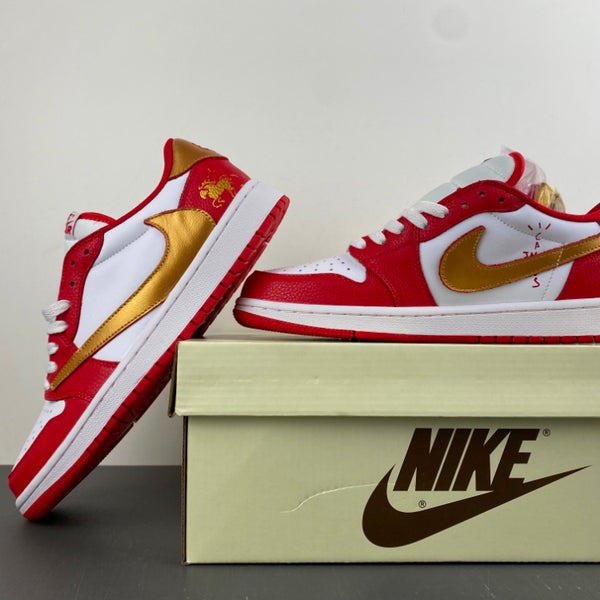 Low Top Sneakers, White Red Gold Colorway, Reverse Hook Design, Lace Up Design, Casual Gift for Sneaker Fans