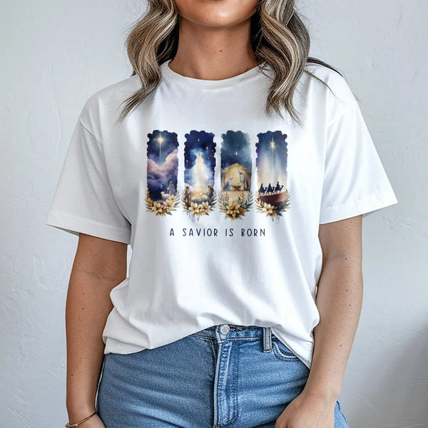 Watercolor Nativity Christmas Shirt, A Savior Is Born T-Shirt, Christian Holiday Graphic Tee, Religious Xmas T-Shirt, Faith P