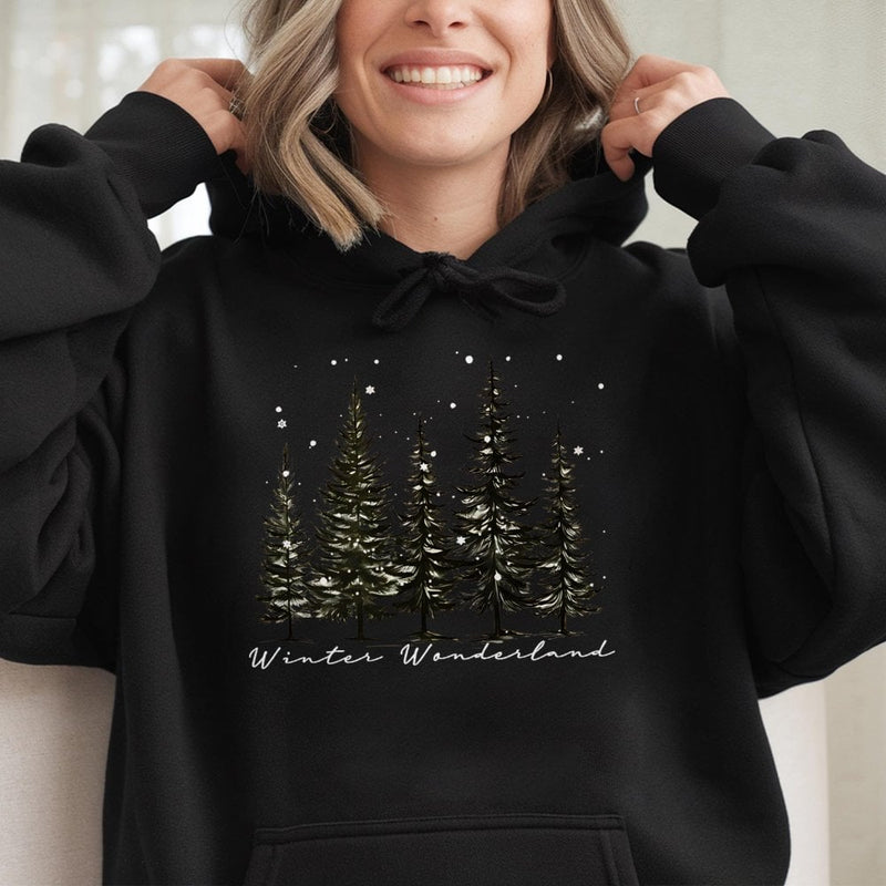 Snowy Pine Tree Graphic Hooded Sweatshirt, Winter Wonderland Hoodie, Comfy Nature Winter Forest Hoodie, Christmas Holiday Present for Her