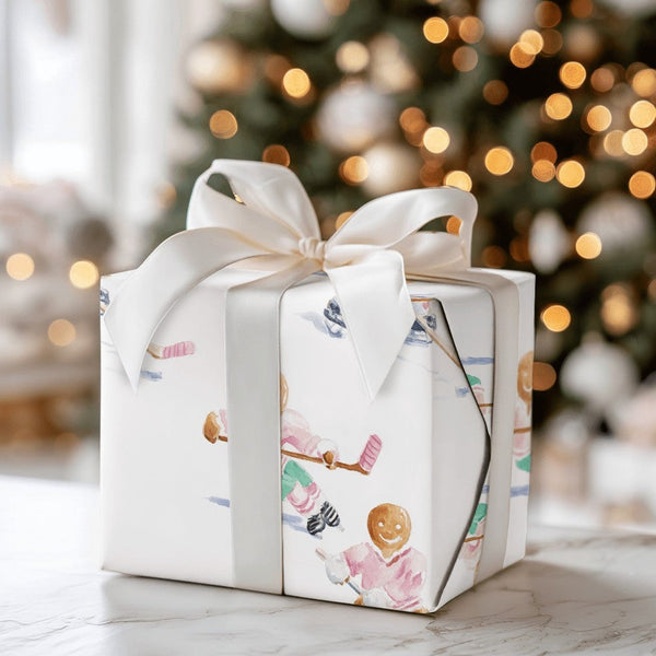 Winter Sports Christmas Gift Wrap, Hockey Gingerbread Men Wrapping Paper, Watercolor Ice Hockey Wrapping Paper, Sporty Holida