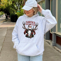 Christmas Deer Skull Graphic Hoodie, Santa Hunting Club Hoodie, Humorous Holiday Hunter Sweatshirt, Outdoor Hunting Hooded Pullover Present