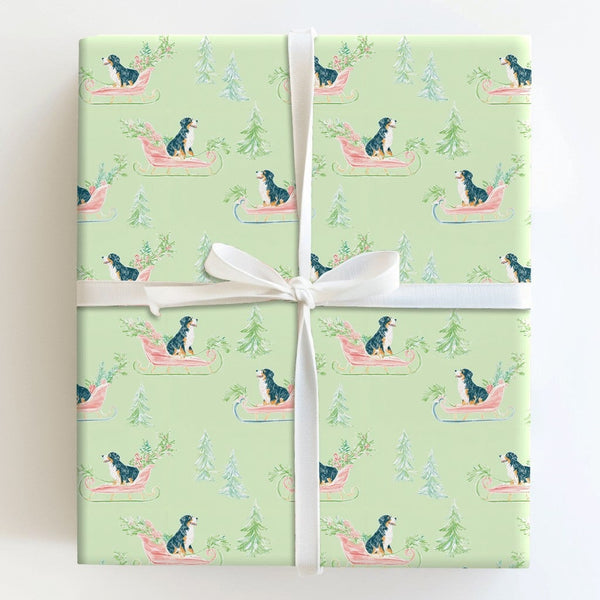 Watercolor Dog Sleigh Gift Wrap, Bernese Mountain Dog Wrapping Paper, Berner Christmas Wrapping Paper, Adorable Dog Holiday G