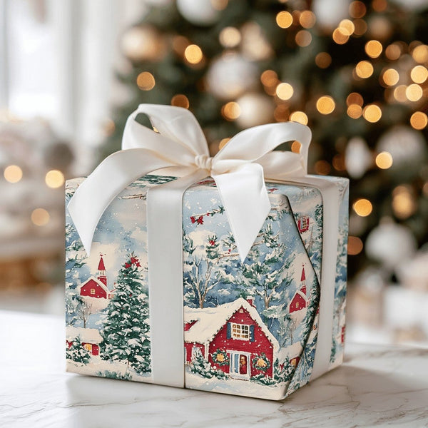 Red Cabin and Church Gift Wrap, Winter Village Christmas Wrapping Paper, Cardinal Bird Holiday Wrapping Paper, Scenic Winter 
