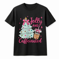 Christmas Coffee Graphic Tee, Jolly and Caffeinated Shirt, Retro Christmas Tree T-Shirt, Holiday Coffee Lover Tee, Festive Xmas Present
