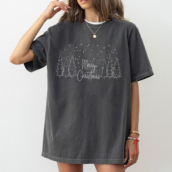 Minimalist Winter Forest Graphic Tee, Merry Christmas Tree T-Shirt, Festive Holiday Pine Tree Shirt, Adorable Xmas Christmas 