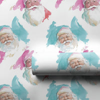 Pink and Teal Christmas Wrapping Paper, Watercolor Santa Wrapping Paper, Modern Santa Holiday Wrapping Paper Roll, Festive Present Gift Wrap
