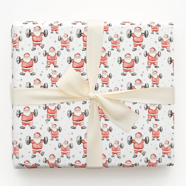 Humorous Gym Holiday Gift Wrap, Weightlifting Santa Christmas Wrapping Paper, Fitness Barbell Santa Paper, Bodybuilder Presen