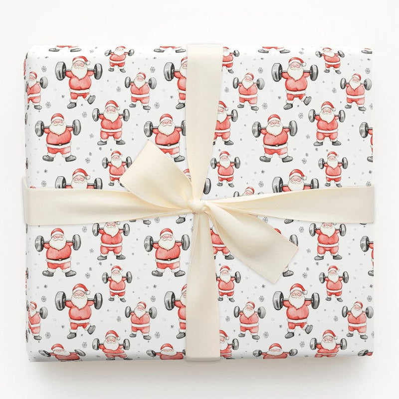 Humorous Gym Holiday Gift Wrap, Weightlifting Santa Christmas Wrapping Paper, Fitness Barbell Santa Paper, Bodybuilder Present Wrapping Paper