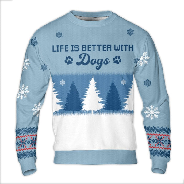 Winter Forest Paw Print Christmas Sweater, Life Is Better with Dogs Ugly Sweater, Dog Lover Holiday Crewneck, Adorable Pet Xm