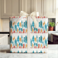Urban Skyline Gift Wrap Roll, Watercolor Cityscape Christmas Wrapping Paper, Winter Holiday Tree Paper, Festive Season Packaging