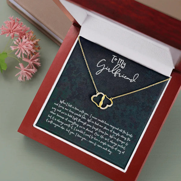 10k Solid Gold Heart Pendant, Girlfriend Interlocking Hearts Necklace, Diamond Accent Heart Necklace, Romantic Anniversary Ch