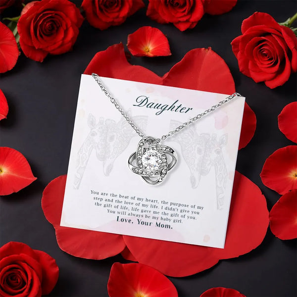 Mom to Daughter CZ Pendant Necklace, Daughter Love Knot Necklace, White Yellow Gold Finish, Sentimental Birthday Christmas Pr