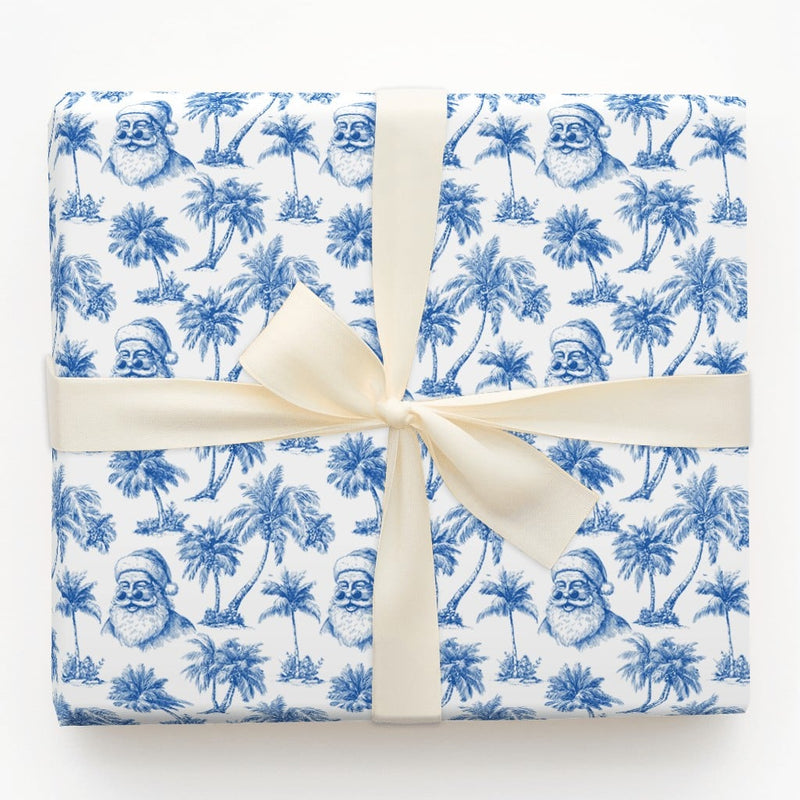 Coastal Blue Toile Christmas Gift Wrap, Tropical Santa Wrapping Paper, Beach Holiday Present Paper, Coastal Christmas Wrapping Paper Roll