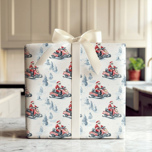 Watercolor Winter Forest Gift Wrap Paper, Santa Snowmobile Christmas Wrapping Paper, Snowmobile Holiday Wrapping Paper, Xmas 