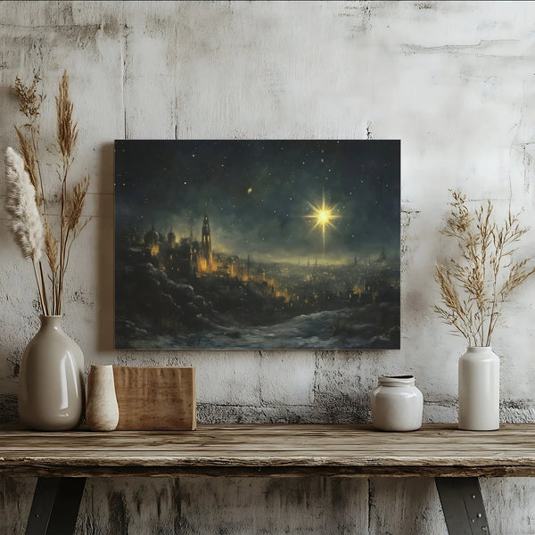 Ancient Snowy City Night Painting, Star of Bethlehem Canvas Wall Art, Christian Nativity Canvas Decor, Religious Christmas Ho