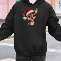 Faux Knitted Yarn Deer Sweatshirt, Reindeer Christmas Hoodie, Adorable Xmas Graphic Hooded Pullover, Comfy Holiday Deer Hoodie, Winter Present