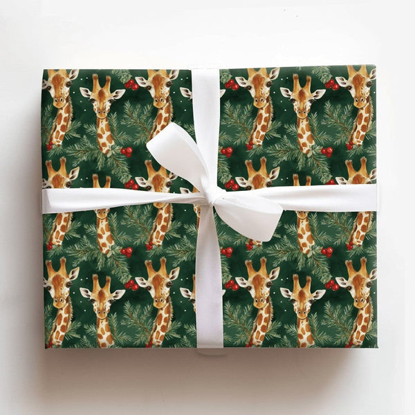 Watercolor Safari Giraffe Gift Wrap, Christmas Giraffe Wrapping Paper, Festive Giraffe Wrapping Paper, Dark Green Pine Holida