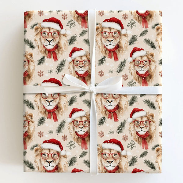 Watercolor Lion Gift Wrap, Santa Lion Christmas Wrapping Paper, Adorable Animal Wrapping Paper, Festive Holiday Gift Wrap, Xm