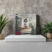 Rustic Holiday Wreath Canvas Art, Christmas Farmhouse Porch Canvas Print, Winter Rocking Chairs Wall Canvas, Comfy Holiday Decor Present Canvas
