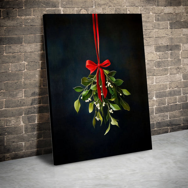 Red Ribbon Christmas Canvas Print, Hanging Mistletoe Canvas Wall Art, Holiday Botanical Wall Decor, Winter Floral Canvas, Fes