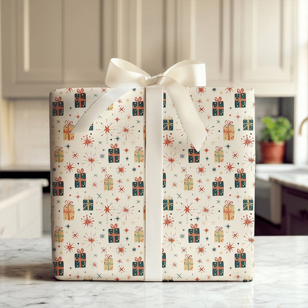 Mid-Century Gift Wrap, Retro Christmas Wrapping Paper, Vintage Starburst Holiday Paper Roll, Retro Present Wrap, Xmas Gift Wr