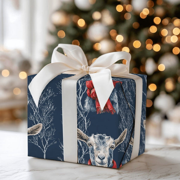 Navy Blue Red Scarf Holiday Gift Wrap, Winter Goat Christmas Wrapping Paper, Farm Animal Christmas Wrapping Paper, Festive Wi