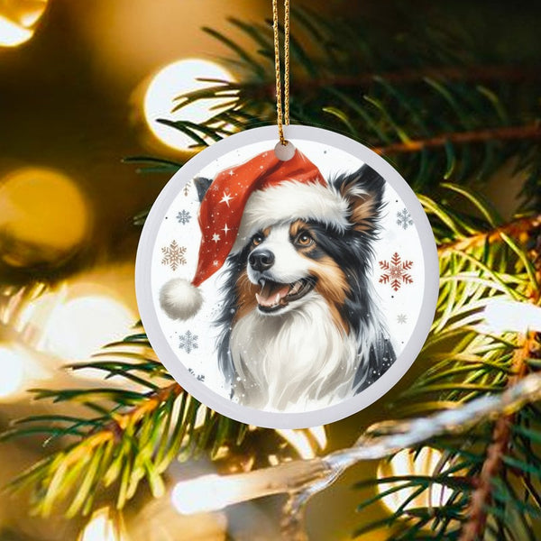 Santa Hat Aussie Dog Ornament, Australian Shepherd Christmas Ornament, Ceramic Puppy Christmas Ornament, Aussie Dog Lover Pre