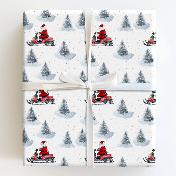 Winter Pine Trees Gift Wrap, Santa Claus on Red Snowmobile Wrapping Paper, Watercolor Christmas Wrapping Paper, Holiday Prese