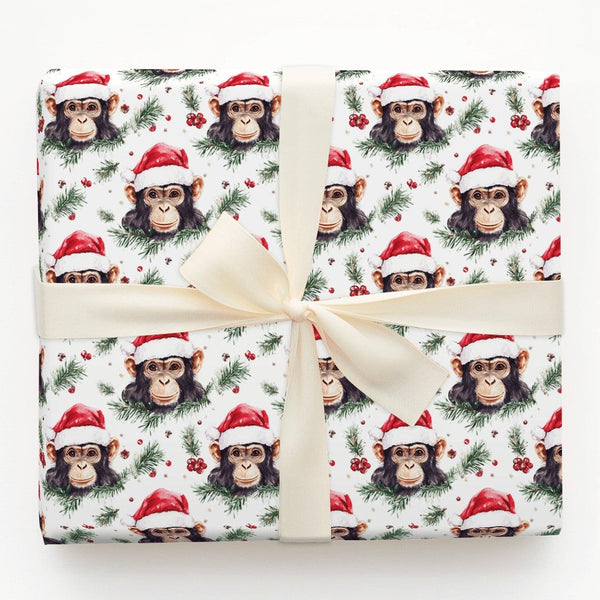 Santa Hat Monkey Gift Wrap, Chimpanzee Christmas Wrapping Paper, Humorous Animal Holiday Paper, Festive Pine Berry Present Wr