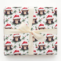 Santa Hat Monkey Gift Wrap, Chimpanzee Christmas Wrapping Paper, Humorous Animal Holiday Paper, Festive Pine Berry Present Wrapping Paper
