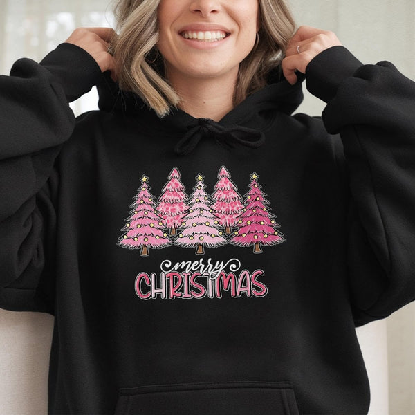 Adorable Animal Print Holiday Sweatshirt, Pink Leopard Christmas Tree Hoodie, Trendy Xmas Pullover, Girly Preppy Winter Holid