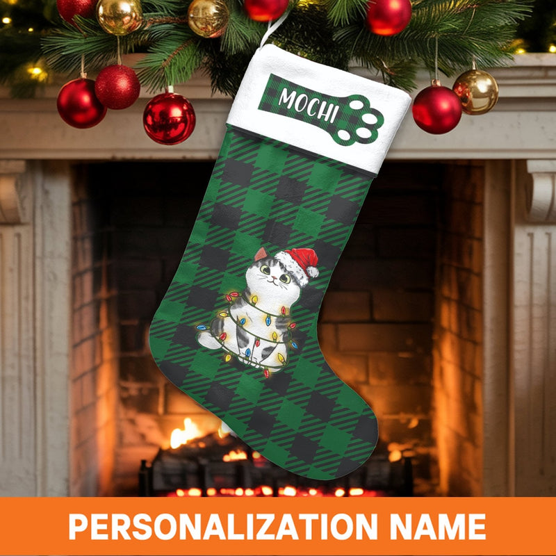Green Buffalo Plaid Kitten Stocking, Personalized Cat Christmas Stocking, Custom Pet Holiday Stocking, Festive Velboa Mantel Decor Present