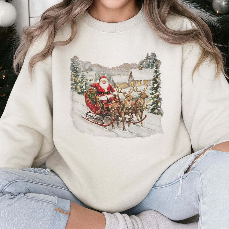 Santa Claus Reindeer Sleigh Crewneck, Vintage Christmas Village Sweatshirt, Retro Winter Holiday Scene Pullover, Comfy Xmas Town Sweater