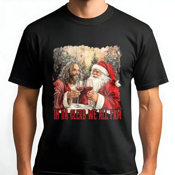 Humorous Drinking Christmas Shirt, Santa and Jesus Drinking Wine T-Shirt, Holiday Party Humor Graphic Tee, Xmas White Elephan