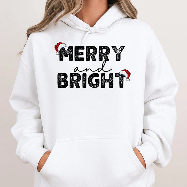 Santa Hat Holiday Hoodie, Merry and Bright Christmas Hoodie, Festive Winter Sweatshirt, Matching Couple Xmas Hoodie, Adorable