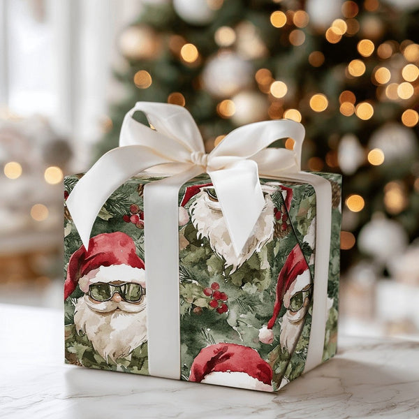 Cool Santa Sunglasses Gift Wrap, Tactical Santa Camouflage Wrapping Paper, Camo Christmas Wrapping Paper, Military Holiday Wr