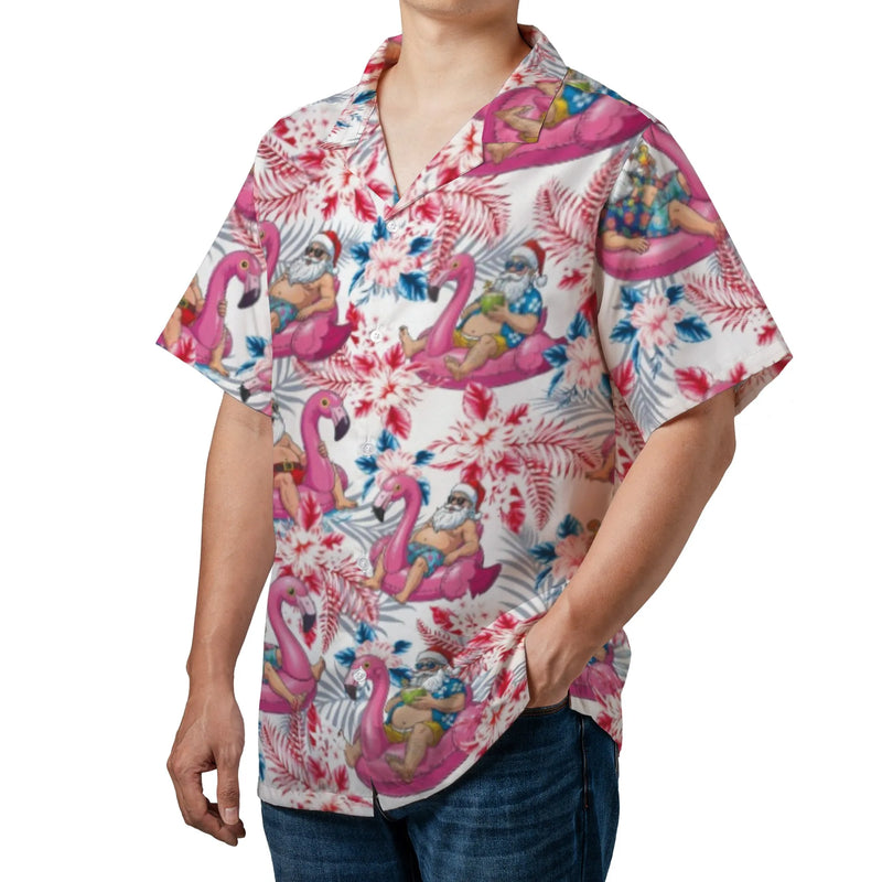 Santa Claus Flamingo Float Aloha Shirt, Tropical Christmas Hawaiian Shirt, Humorous Holiday Summer Button Down, Mele Kalikimaka Xmas Shirt