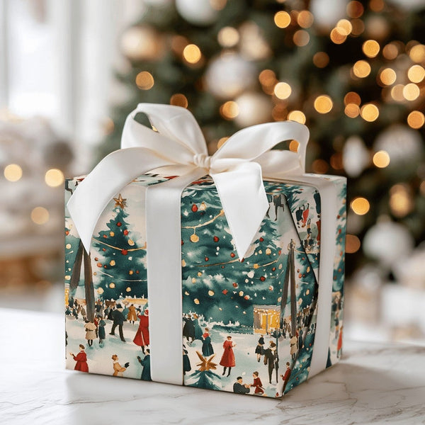 Watercolor Ice Skating Gift Wrap, Vintage Christmas Village Wrapping Paper, Nostalgic Town Wrapping Paper Roll, Holiday Prese